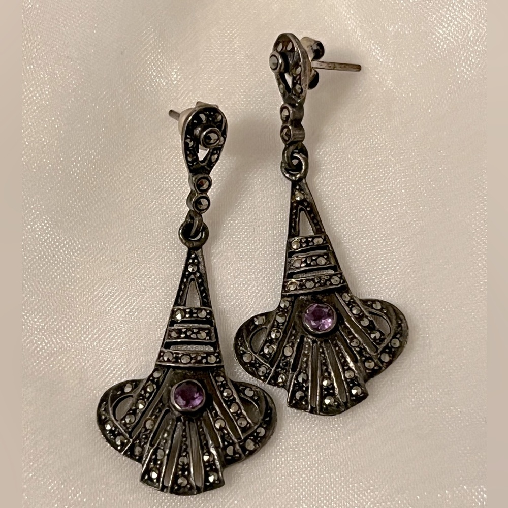 Marcasite and amethyst dangling pierced earrrings